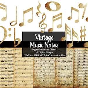 Clipart de notas musicais vintage e pacote de papel digital, planos de fundo e sobreposições para clipart de álbum de recortes e design gráfico, download instantâneo