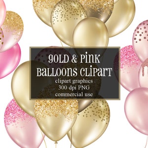 Roze en Gouden Ballonnen Clipart, glitter ballon png digitale overlays met glitter confetti voor partijen instant download commercieel gebruik