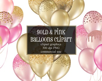 Pink and Gold Balloons Clipart, glitter balloon png digital overlays with glitter confetti for parties instant download commercial use