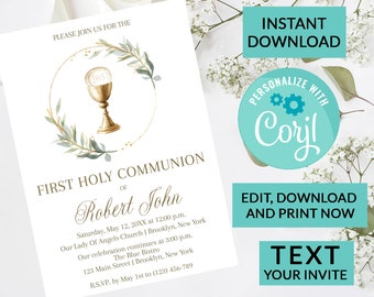 Gold Circle Chalice First Holy Communion Invitation | Digital INSTANT DOWNLOAD Editable | Religious Invites | Girl or Boy
