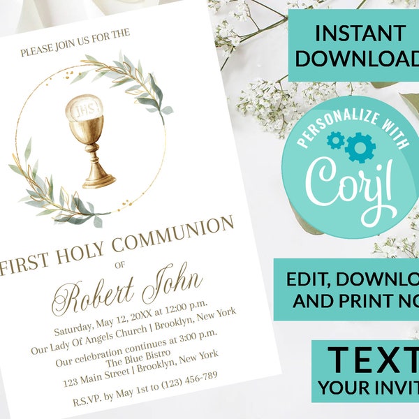 Gold Circle Chalice First Holy Communion Invitation | Digital INSTANT DOWNLOAD Editable | Religious Invites | Girl or Boy