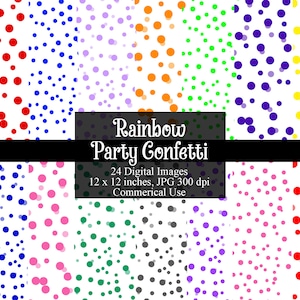 Bright Rainbow Party Confetti Overlays Clipart, Polka Dot Clip Art, Birthday Party, Baby Shower Invitations, Digital Wedding Parties