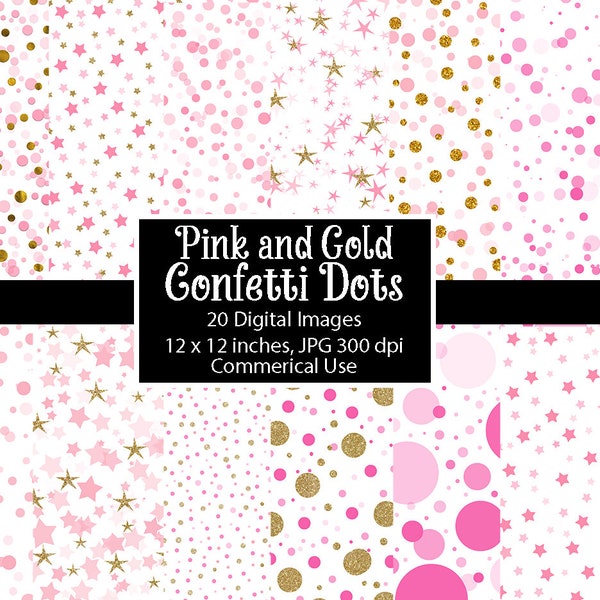 Pink and Gold Glitter Confetti digital paper, pink and gold polka dots and stars printable scrapbook paper, pink party backgrounds