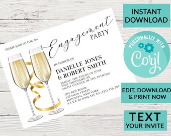 Champagne Cocktail Engagement Party Invitation | Digital INSTANT DOWNLOAD Editable Invite | Custom Personalized | Wedding Shower