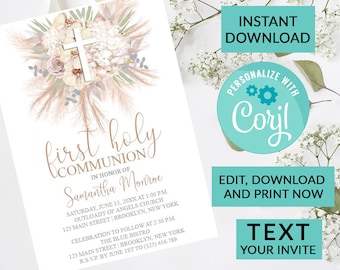Pampas Grass Boho Chic First Holy Communion Invitation | Digital INSTANT DOWNLOAD Editable Invite | Religious Invites | Girl Communion