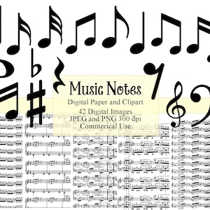 Music Notes Clipart and Digital Paper Bundle, Backgrounds and Overlays for Scrapbook and Graphic Design Clip Art, Instant Download