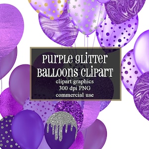 Purple Glitter Balloons Clipart, glitter balloon png digital overlays with glitter confetti for parties instant download commercial use