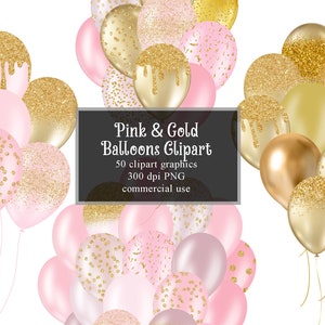 Blush Pink and Gold Glitter Balloons Clipart, Glitter Sparkle Confetti Balloon Clip Art, Digital Overlays Instant Download Commercial Use