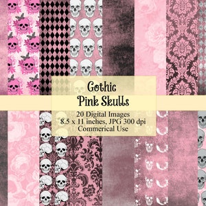 May include: A digital paper pack with 20 different patterns featuring pink and white skulls. The patterns include floral, damask, and geometric designs. The text "Gothic Pink Skulls" is displayed on the image. The text "20 Digital Images 8.5 x 11 inches, JPG 300 dpi Commercial Use" is also displayed on the image.