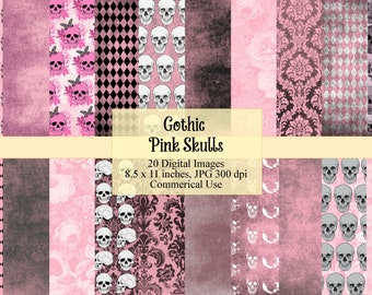 May include: A digital paper pack with 20 different patterns featuring pink and white skulls. The patterns include floral, damask, and geometric designs. The text "Gothic Pink Skulls" is displayed on the image. The text "20 Digital Images 8.5 x 11 inches, JPG 300 dpi Commercial Use" is also displayed on the image.
