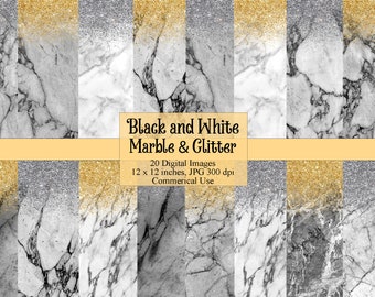 Black and White Marble and Glitter Digital Paper, Marble Backgrounds Printable Scrapbook Paper Commercial Use