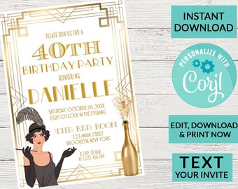 Art Deco Birthday Invitation | Digital INSTANT DOWNLOAD Editable Invite | Any Age | Printable Birthday Invite Flapper Girl