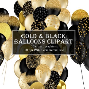 Schwarz und Gold Ballons Clipart, Glitter Ballon PNG digitale Overlays, Glitter funkeln Konfetti, Instant Download kommerzielle Nutzung