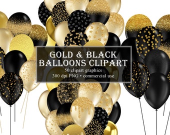 Black and Gold Balloons Clipart, Glitter Balloon PNG Digital Overlays, Glitter Sparkle Confetti, Instant Download commercial use