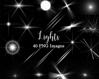 May include: A collection of 40 white light effects, perfect for adding a touch of sparkle to your digital designs.  These PNG images feature various shapes and sizes of light bursts, flares, and glows.