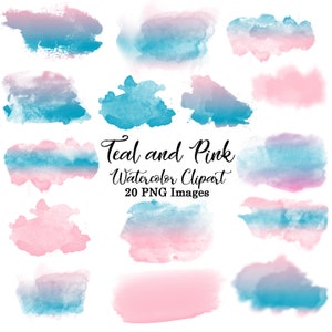 Aquarelle Clipart #19, Sarcelle et Aquarelle Rose Brush Clip Art, Splashs, Blobs, Splats, 20 éléments numériques PNG