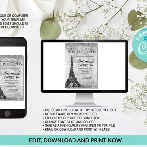 K&ouml;nnte beinhalten: Editierbare digitale Einladung zu einer Sweet 16 Party mit einem schwarz-wei&szlig;en Eiffelturm-Design auf silbernem Glitzer-Hintergrund. Der Text lautet "Nacht in Paris" und "Brittany's Sweet 16".