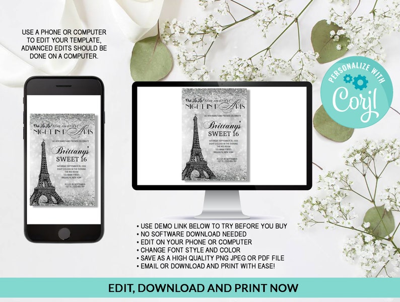 K&ouml;nnte beinhalten: Editierbare digitale Einladung zu einer Sweet 16 Party mit einem schwarz-wei&szlig;en Eiffelturm-Design auf silbernem Glitzer-Hintergrund. Der Text lautet "Nacht in Paris" und "Brittany's Sweet 16".