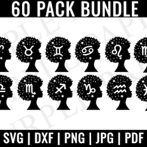 Black Woman Zodiac Signs SVG Bundle, Astrology Signs SVG, Zodiac Symbols SVG, Constellation Signs Horoscope, Cut File Cricut, Silhouette