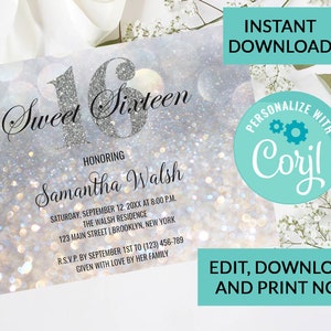 Iridescent Bokeh Lights Sweet 16 Silver Glitter Invitation #95 | Digital INSTANT DOWNLOAD Editable Invite | Sweet Sixteen Birthday
