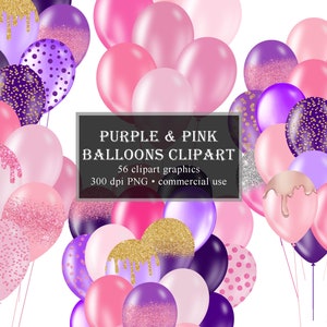 Purple and Pink Balloons Clipart, Glitter Sparkle Confetti Balloon Clip Art, PNG Digital Overlays, Instant Download, Commercial Use