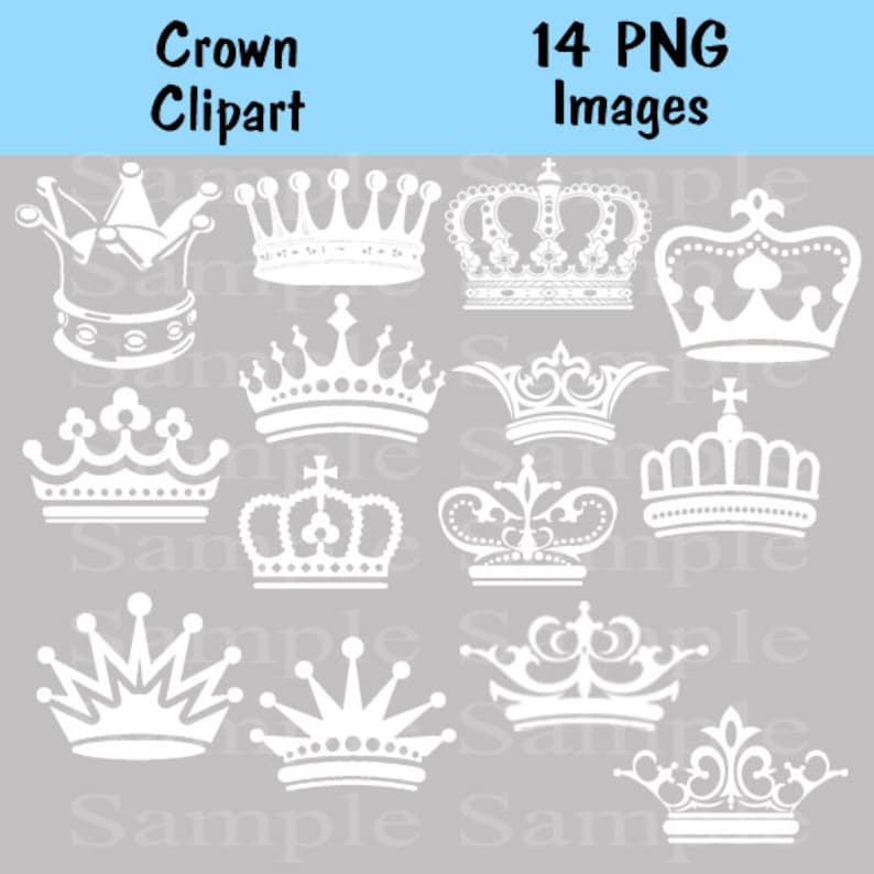 K&ouml;nnte beinhalten: Ein Satz mit 14 wei&szlig;en Kronen-Clipart-Bildern im PNG-Format. Die Kronen sind in verschiedenen Stilen, darunter traditionell, verziert und einfach.