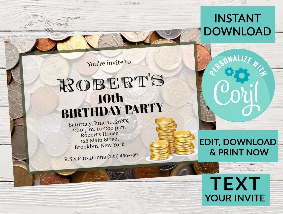 Money Birthday Invitation Coin Collector Theme Party Etsy