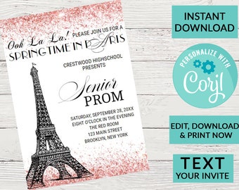 Paris Eiffel Tower Prom Invitation | Digital INSTANT DOWNLOAD Editable Invite | Rose Gold Sparkle Glitter