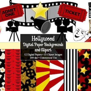 Hollywood Movie Night Digital Clipart and Digital Paper Bundle,INSTANT DOWNLOAD, Red Carpet Clip Art,  Personal and Commercial Use