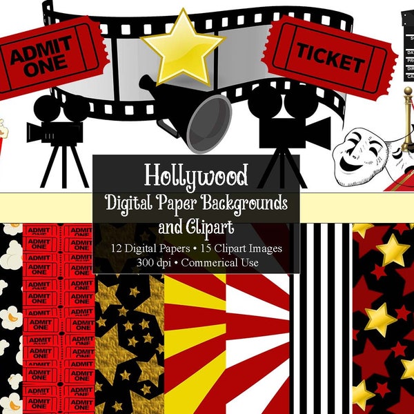Hollywood Movie Night Digital Clipart and Digital Paper Bundle,INSTANT DOWNLOAD, Red Carpet Clip Art,  Personal and Commercial Use
