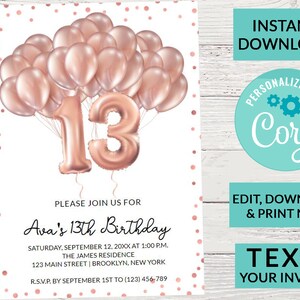 13th Birthday Invitation Blush Pink Glitter Balloons, Editable, Printable Invite, Corjl Template Digital Download, Text Invitation