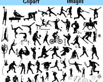 Sports Silhouette Digital Clipart , INSTANT DOWNLOAD Sports Clip art, baseball, football, basketball, volleyball, hockey clipart 68 Images