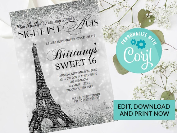 Night in Paris Eiffel Tower Sweet 16 Invitation #60 | Digital INSTANT DOWNLOAD Editable Invite | Sweet 16 Party Invite