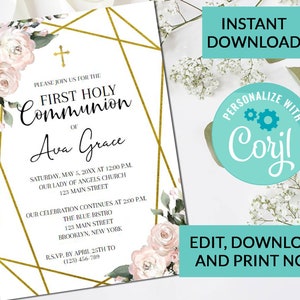 Blush Pink Floral First Holy Communion Invitation | Religious Invites | Girl Communion | Digital INSTANT DOWNLOAD Editable Invite #21