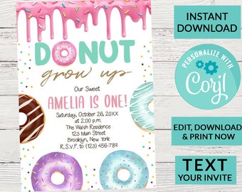 Donut Birthday Invitation, Donuts Party Invite, Boy or Girl | Editable Instant Download | INSTANT ACCESS Edit Online NOW Corjl