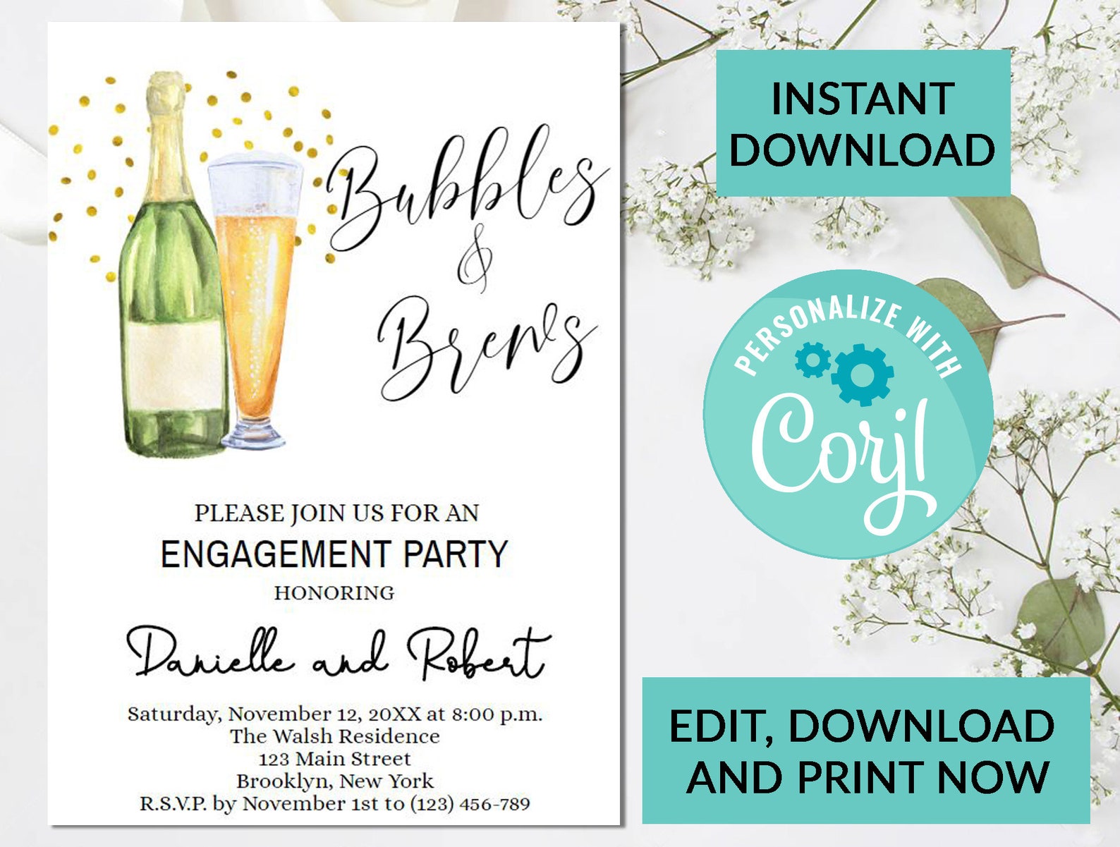 Bubble and Brews Engagement Party Invitation 40 Digital Etsy