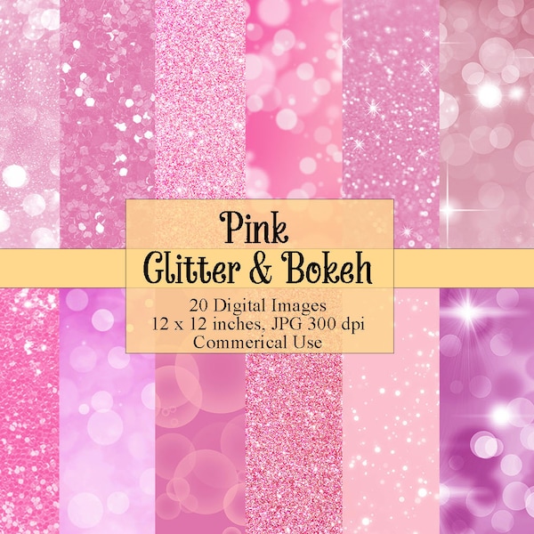Pink Glitter and Bokeh Lights Digital Papers, Shimmer, Printable Backgrounds Digital Glam, Gradients, Wedding, Parties, Commercial Use