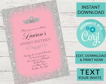 Glitter Sparkle Princess Tiara Sweet 16 Invitation | Digital INSTANT DOWNLOAD Editable Invite | Pink Sweet Sixteen Birthday