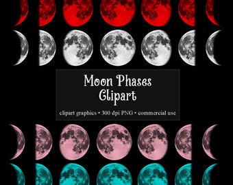 Moon Phases Clipart, Watercolor Moon Clip Art Graphics Illustration in PNG format, Outer Space, Galaxy, Instant Download Commercial Use