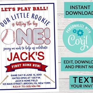 Baseball Birthday Invitation, Editable baseball team party, Boy Sports Birthday Invitation, Printable Instant Access EDIT NOW, Text Invite