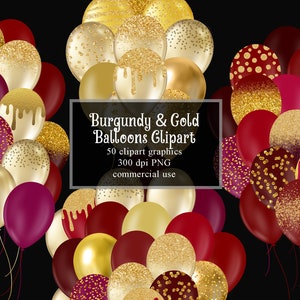Burgundy and Gold Balloons Clipart, Gold Glitter Sparkle Confetti Balloon Clip Art, PNG Digital Overlays Instant Download Commercial Use