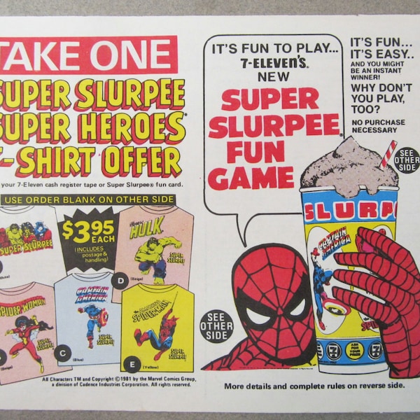 1981 Marvel SUPER HEROES Slurpee 7-Eleven T-SHIRT offer 7-11