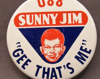 1973 SUNNY JIM Gee That's Me Peanut Butter & Jelly HYDROPLANE Boat Racing pinback button