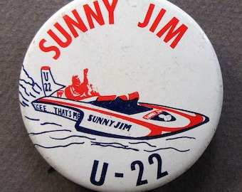 1974 SUNNY JIM U-22 Peanut Butter & Jelly HYDROPLANE Boat Racing pinback button