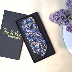 Liberty Of London Indigo Blue Strawberry Thief Neck Tie. Matching Pocket Square & Cufflinks available