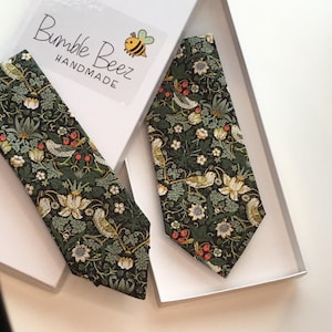 Liberty Of London Dark Green Strawberry Thief Neck Tie. Matching Pocket Square & Cufflinks available