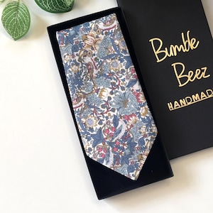 Liberty Of London Blue Pink yellow Strawberry Thief Neck Tie. Matching Pocket Square & Cufflinks available