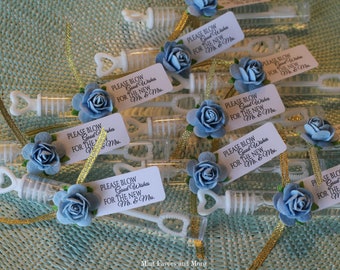 ASSEMBLED wedding bubbles, bubble send off, bubble wands, dusty blue and gold wedding