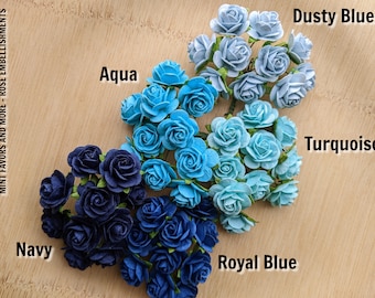 Blue rose flower embellishments - decorations for favors, cards, thank you tags, gift tags, wedding decorations and more