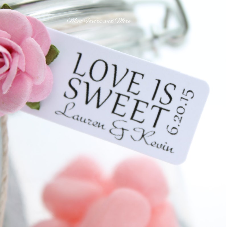 Wedding favor tag reads LOVE IS SWEET - personalized tags, candy bar, edible favors, small favor tags image 3